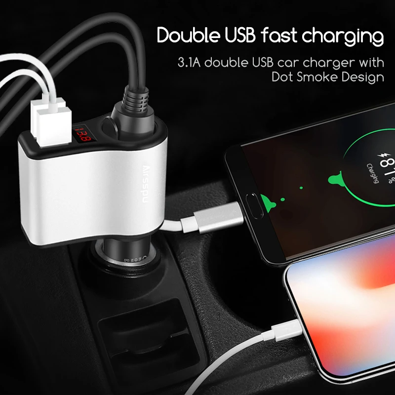 Airsspu автомобиля Зарядное устройство прикуривателя 2 Порты USB 2.1A для iPhone samsung