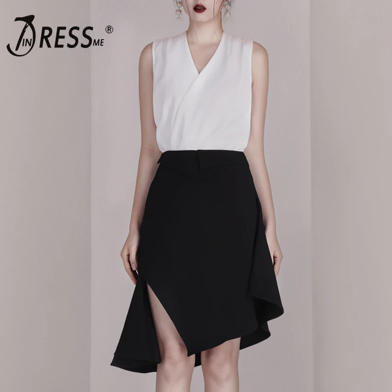 INDRESSME 2019 New Women Two Piece Sets Fashion V Neck Sleeveless White Top Sexy Office With Midi Black Skirt Casual |