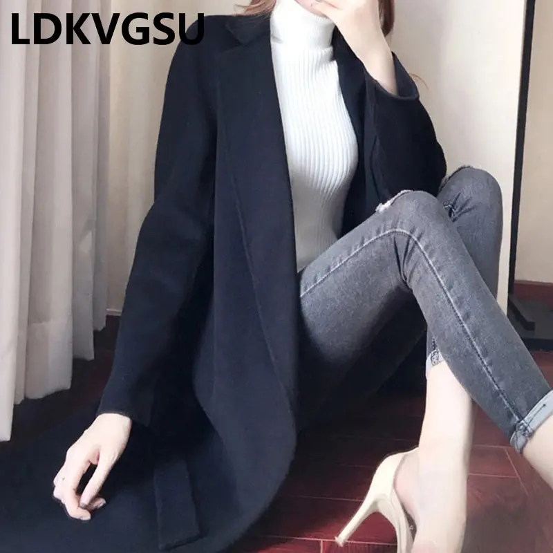 

Women Autumn Winter 2018 New Wool Blend Overcoat Warm Long Coat With Waistband Slim Fit Solid Woolen Coats Khaki Black Is1200