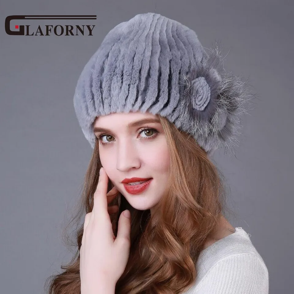 Женская вязаная шапка Glaforny меховая из натурального меха Рекс и кроличьего с