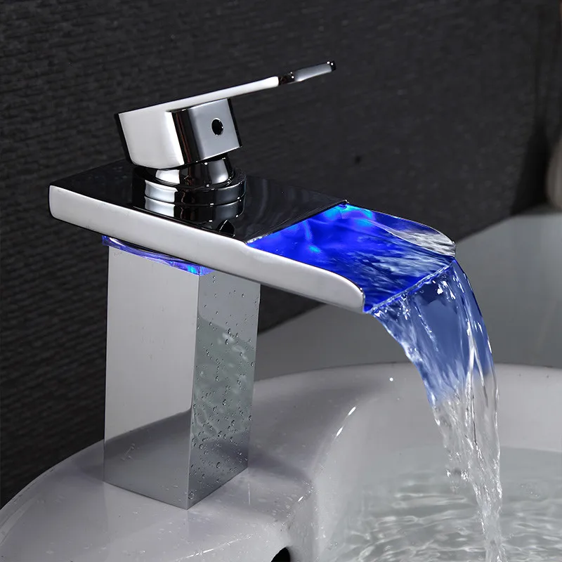 

Basin Faucets LED Light Waterfall Basin Tap for Bathroom Torneira Led Chrome Finish Deck Mounted Sink Mixer Tap LH-16808