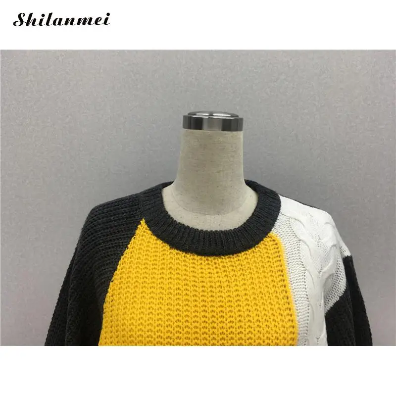 Autumn Winter Women Sweaters And Pullovers Street Style Lantern Sleeve Patchwork Jumper Fashion Loose Chunky Knit Sweaters