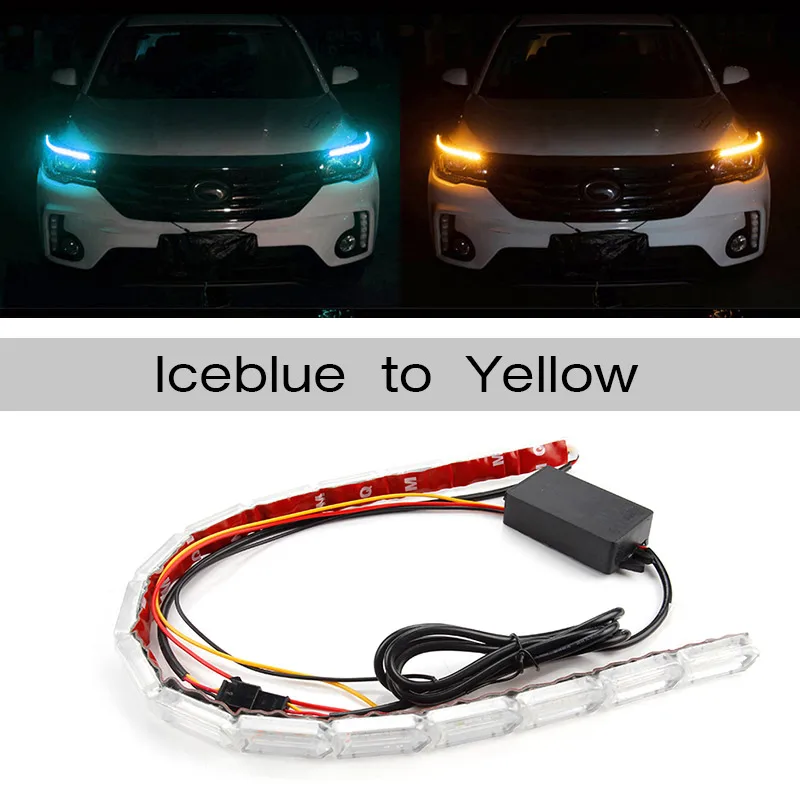 ice-blue to amber OKEEN 2 шт. Гибкая фара светодиодный DRL дневные ходовые огни последовательный поток стиль с поворотником Янтарный Белый Красный цвет - Цвет: ice-blue to amber