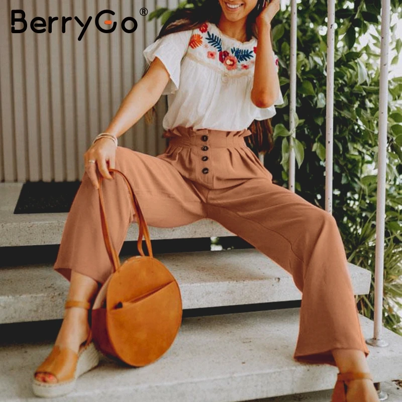 BerryGo эластичные брюк кнопки высокой талии женские Повседневная сплошная уличная