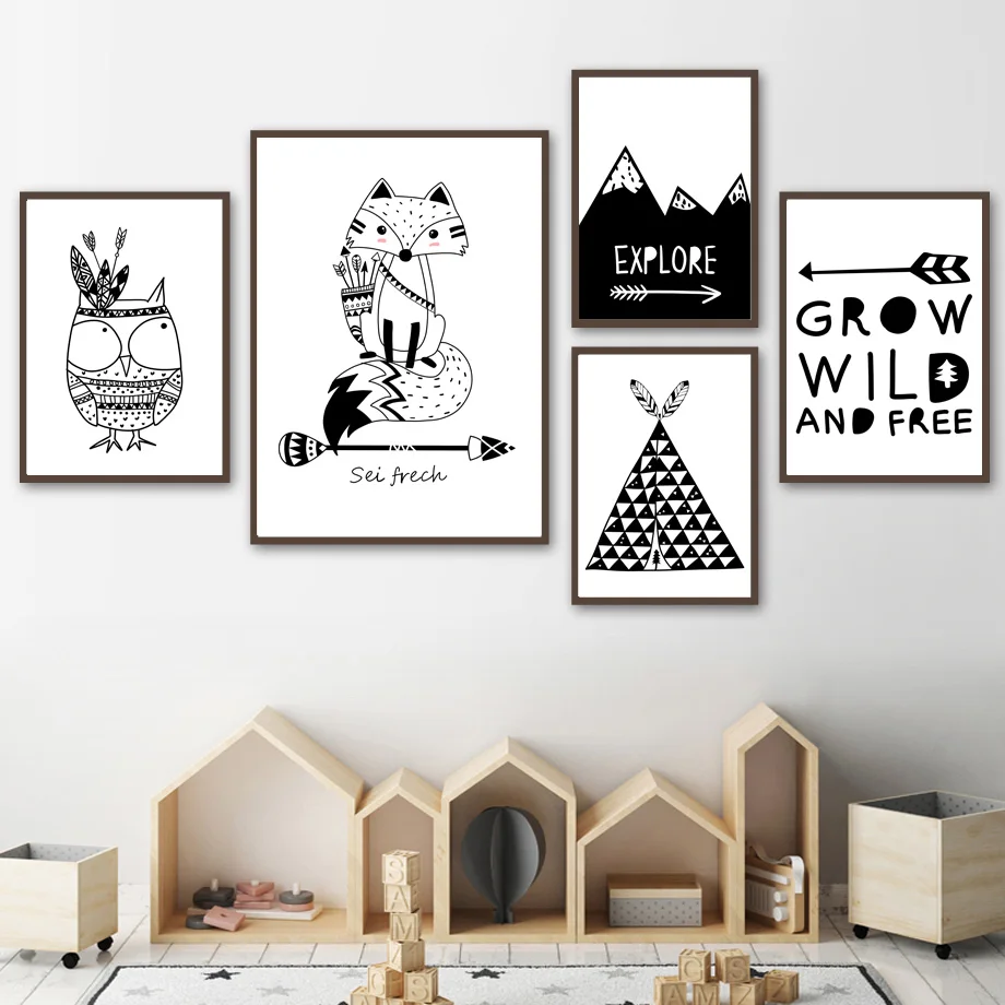 

Black White Cute Indian Fox Owl Tent Mountain Nordic Posters And Prints Wall Art Canvas Painting Wall Pictures Kids Room Decor