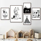 Черная, белая, милая, индийская лиса, Сова, палатка, гора, скандинавские плакаты и принты, настенная Картина на холсте, настенные картины, декор для детской комнаты