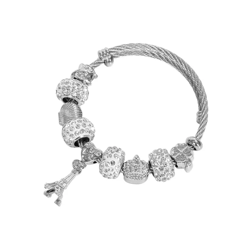 Бисер серебряного цвета браслет с подвеской в виде Парижа и Эйфелевой башни