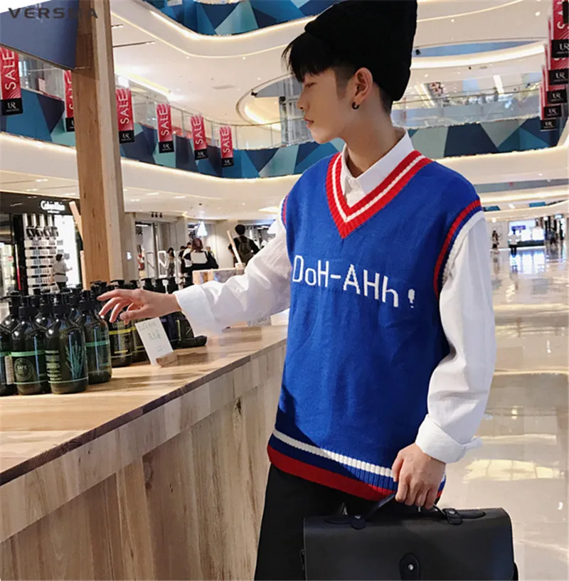 VERSMA корейский Harajuku Instagram BF письмо мужские трикотажные жилеты V образным вырезом негабаритных без рукавов свитер мужской жилет пуловер