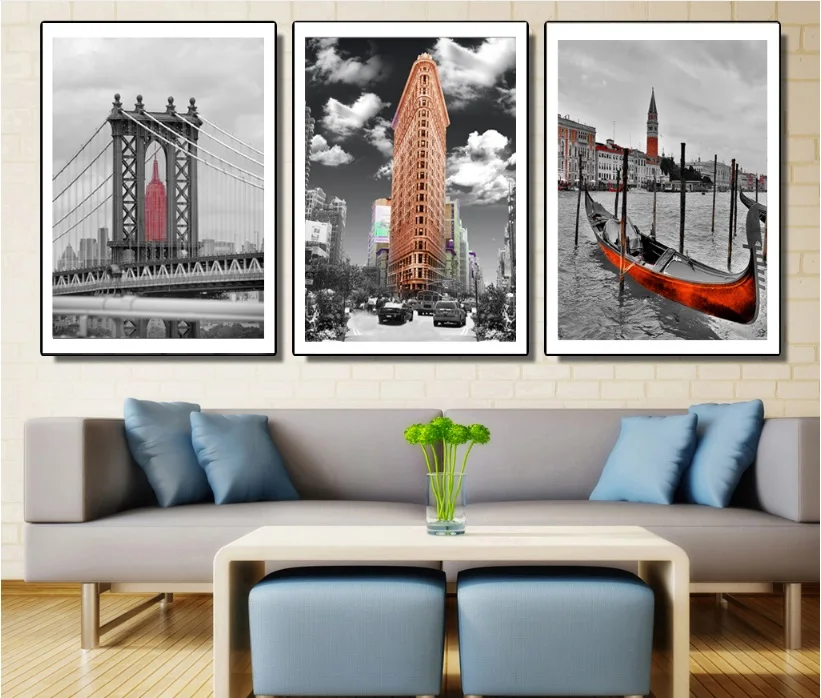 

European Retro Architecture 3 Pieces Decorative Painting Modular Picture Wall Art Canvas Painting for Living Room No Framed