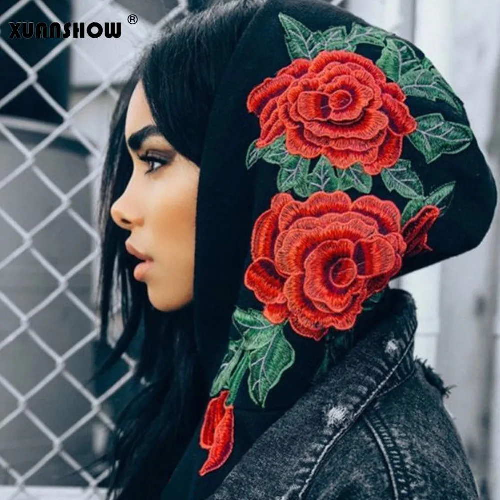 XUANSHOW модные толстовки женские осенние цветочные Вышитые с капюшоном черные