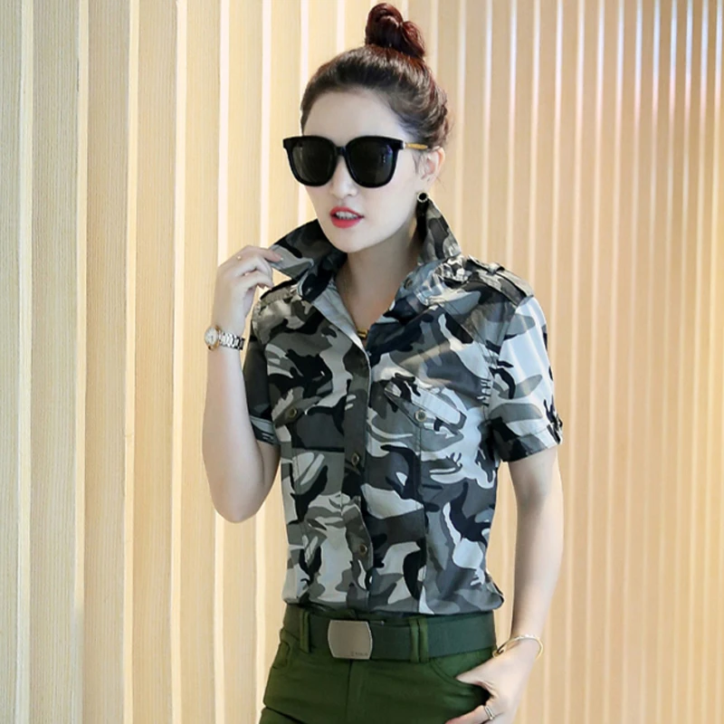 FGHGF Brand camouflage blouse women camo Cotton Military short shirts Turn-down Collar 2018 New fashion 4802 |