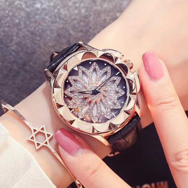 GUOU Luxury rose gold rotatable dial crystal women watch reloj mujer ladies fashion leather creative quartz Relogios | Наручные часы