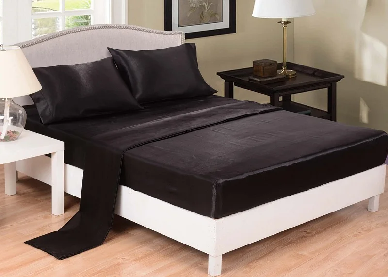

Home Textile 3/4 Pcs Satin Fitted Sheet Queen Size Bed Sheet Set Black Bedding Set Flat Sheet Pillowcase Black White Grey #132