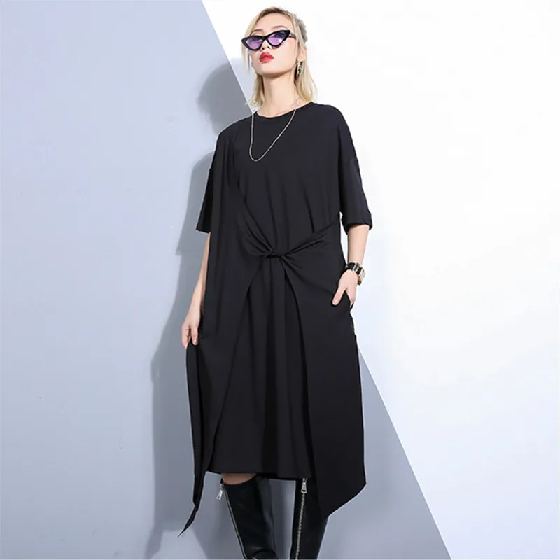 Johnature Spring Summer New Women Dresses O-neck Short Sleeve Casual Irregular Waist Patchwork Loose 2019 | Женская одежда