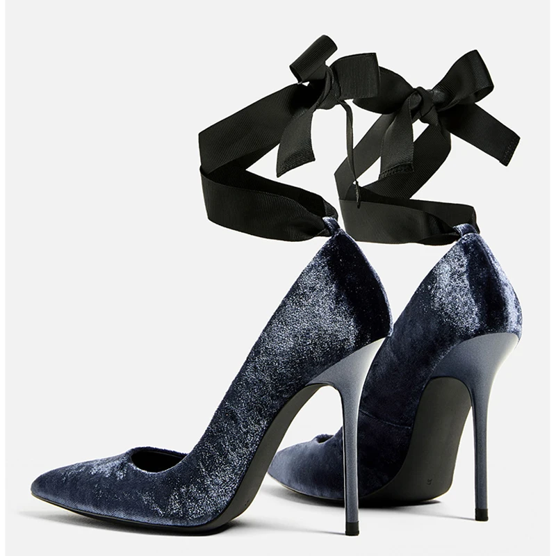 Женские бархатные туфли лодочки на шнуровке с острым носком модные офисные