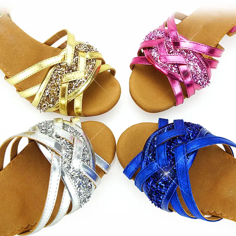 Gold Latin Salsa Dance Shoes Kids Glitter Soft Sole Dance Shoes Girls Low Heels 3.5cm Outdoor Wholesale Women Jazz Dancing Shoes