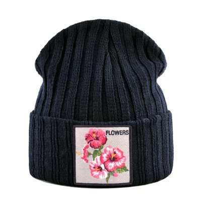 Женская шапка с цветочной нашивкой, осенне-зимние вязаные шапки Skullies, женские зимние мягкие двухслойные вязаный капот, мужские шапки Gorras - Цвет: Black
