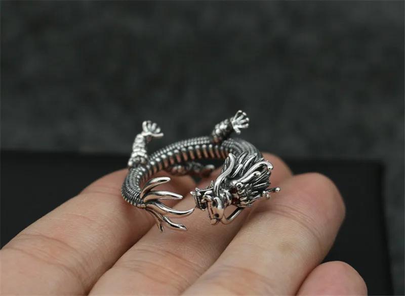 Цельное 925 пробы Серебряное кольцо для мужчин готический панк стиль китайский дракон манжета с красным цирконием камень тайский серебряный хвост кольцо для мужчин