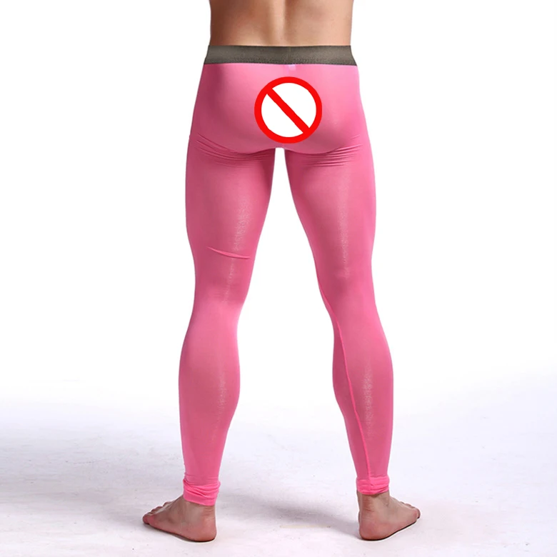 Mens Brand Sexy Nylon Transparent Long Johns Printed Fake Belt Homme lce Silk Sheer Leggings Bottoms/Gay Lounge Tights Underwear