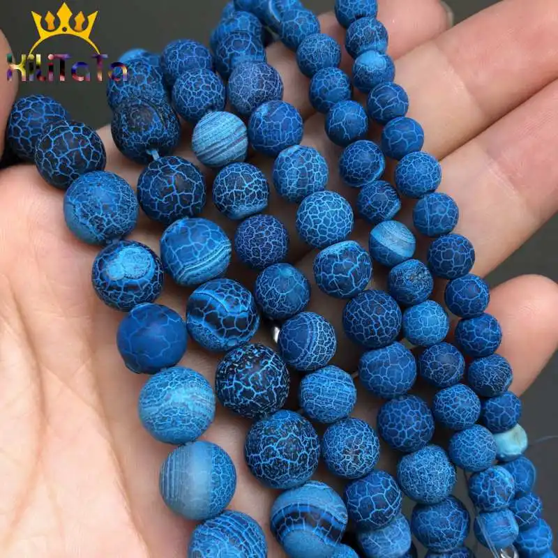 Купи Natural Stone Beads Frost Dark Blue Cracked Dream Fire Dragon Veins Agates Beads For Jewelry Making DIY Bracelet 15‘’ 6/8/10mm за 32 рублей в магазине AliExpress