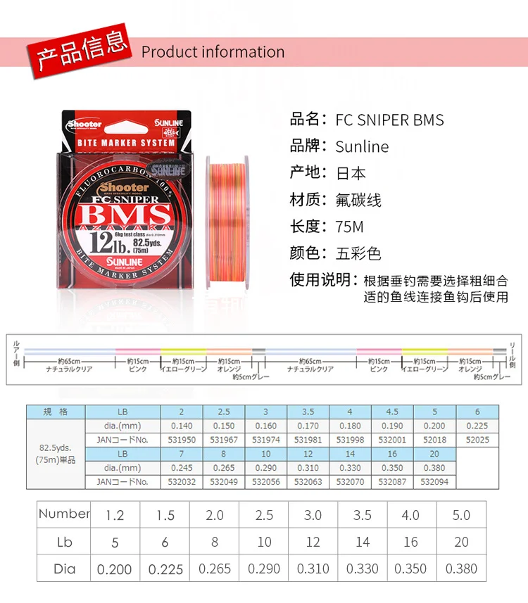 SUNLINE FC SNIPER BMS фторуглеродная леска многоцветная 75 м сделано в Японии система маркеров укуса