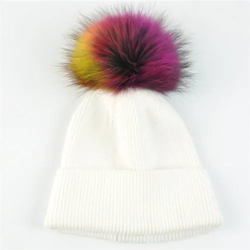 White colorful fur Новинка, шерстяные весенние меховые шапки для женщин, большой мех серебристой лисы, помпоны, шапочка, женская теплая Повседневная вязаная шапка Vogue - Цвет: White colorful fur