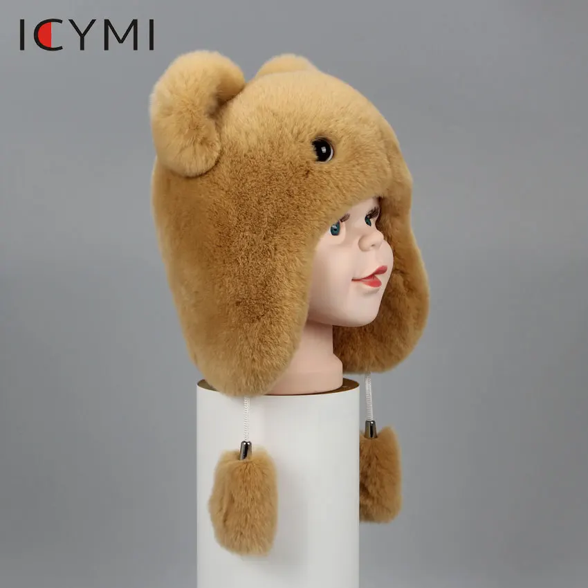 ICYMI Cute Winter Bear fur hat boys girls real rabbit hat children earmuffs warm fur Bomber hats rabbit fur caps