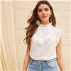 SHEIN контрастная кружевная блузка с оборкой на шее и рюшами, сетчатая вставка, воротник-стойка, Женская, Белая Летняя Блузка без рукавов