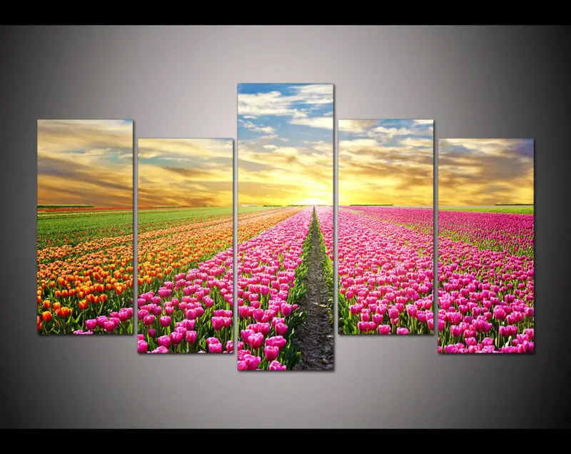 5 панелей большая картина с принтом утром розовый оранжевый тюльпан цветы холст