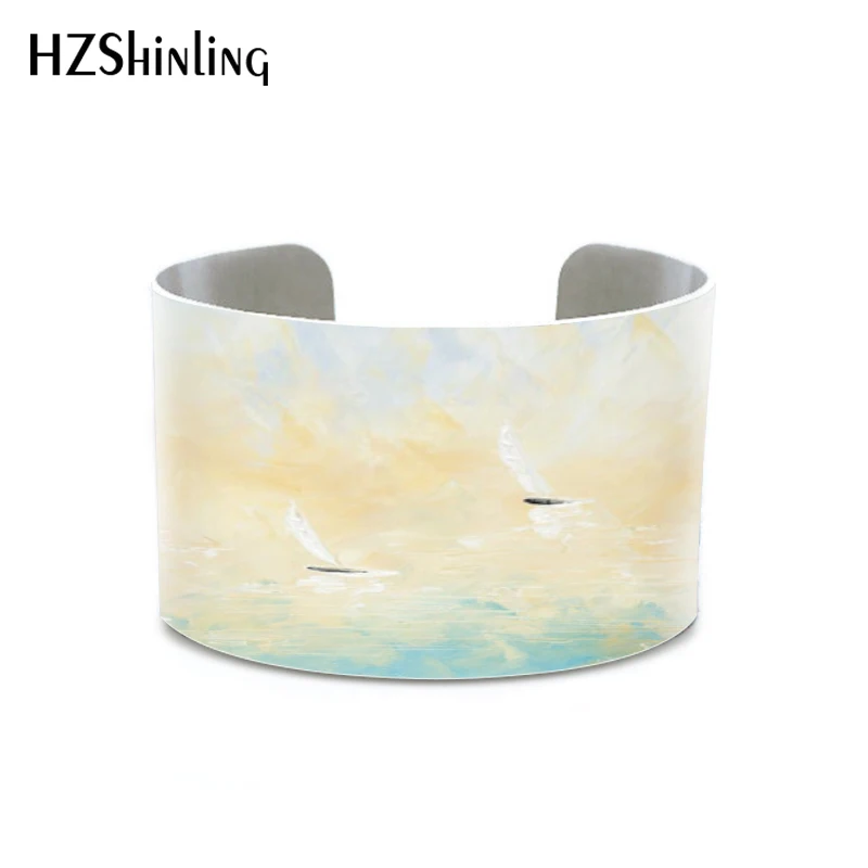 5 New Abstract painting abstract art seascape painting original bangle Sailboat jewelry bracelets sea jewelry - Окраска металла: 5