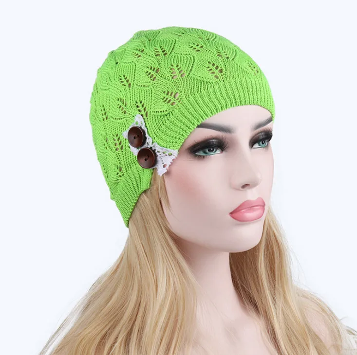 Новинка, вязаная шапка Gorros, женская шапка, листья, кружево, пуговица, шерсть, теплые шапки, берет, хеджирующая шапка, зимняя шапка, женская шапочка - Цвет: color 5