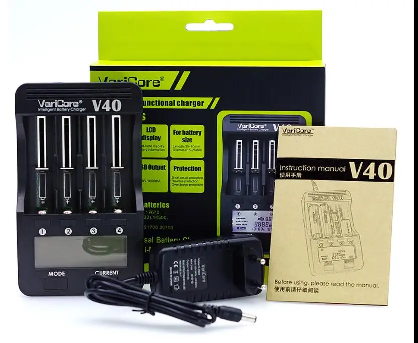VariCore V40 3,7 V 18650 26650 18350 16340 18500 25500 10440 17500 никель-металл-гидридного 1,2 V AA/AAA зарядное напряжение на выходе 5 в ЖК-дисплей умное зарядное устройство для аккумуляторов - Цвет: V40 and adapter