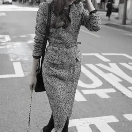 Осенне зимнее элегантное серое шерстяное длинное пальто с v образным вырезом