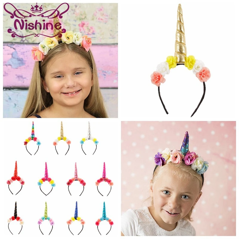 

Nishine New Unicorn Horn Hair Band Kids Flower Unicorn Headband Girls Colorful Glitter Hairband Easter Bonus Party Gift