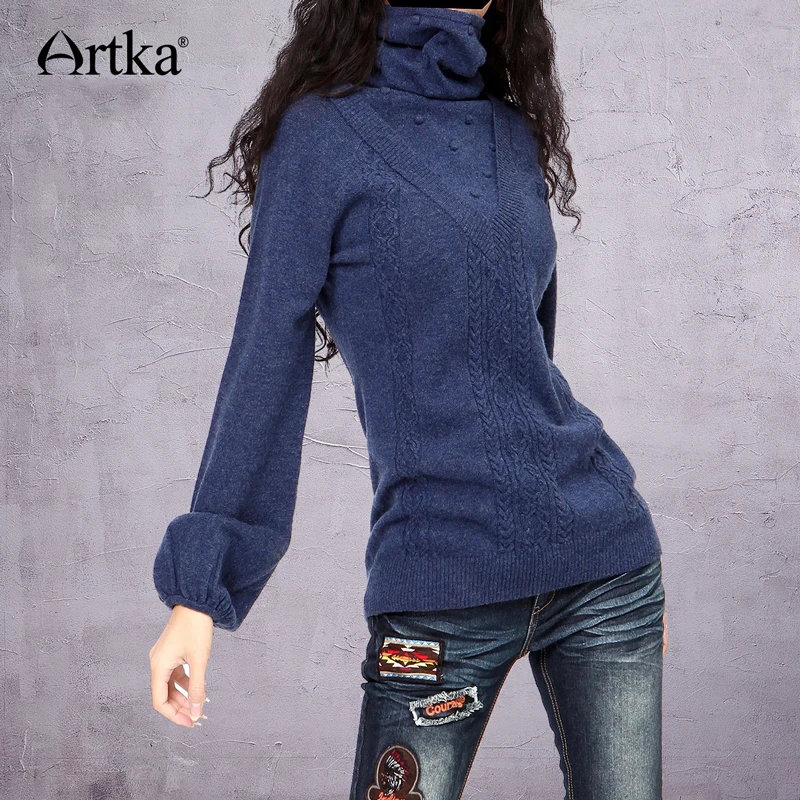 ARTKA Women'S Vintage Style Graceful Slim Turtleneck Pullovers Solid Wool Flowers Full Lantern Sleeve Winter Sweater YB15435D | Женская