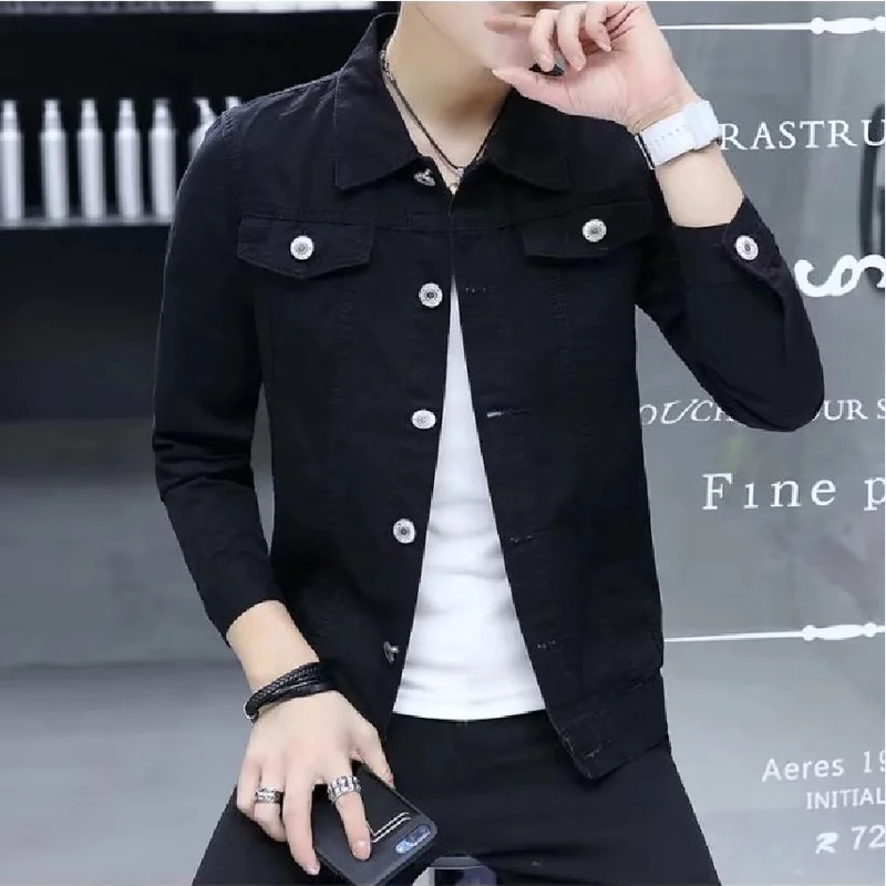 Мужская джинсовая куртка на молнии черная и красная Повседневная ветровка в