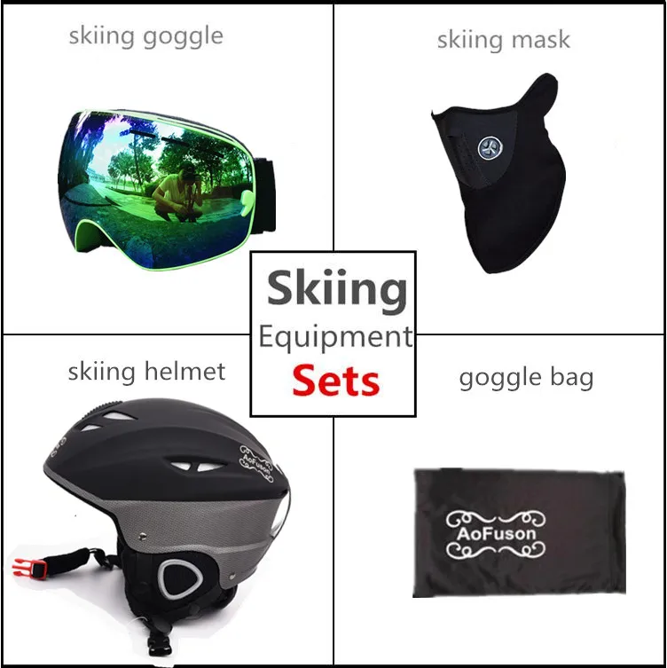 Лыжное снаряжение комплект шлем с Goggle безопасность цельно формованные размера плюс бархатный шлем двухслойные противотуманные очки - Цвет: Green Frame