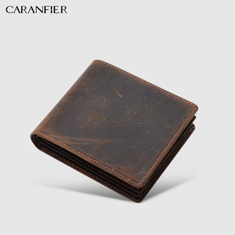 

CARANFIER Crazy Horse Leather Mens Wallet Top Genuine Cowhide Leather Men Retro Wallet Coin Bag Male Short Bi-fold Cowboy Purses