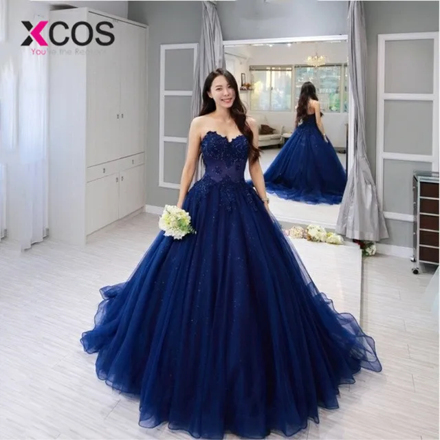 XCOS сексуальное вечернее платье синее милое бальное для выпускного с аппликацией