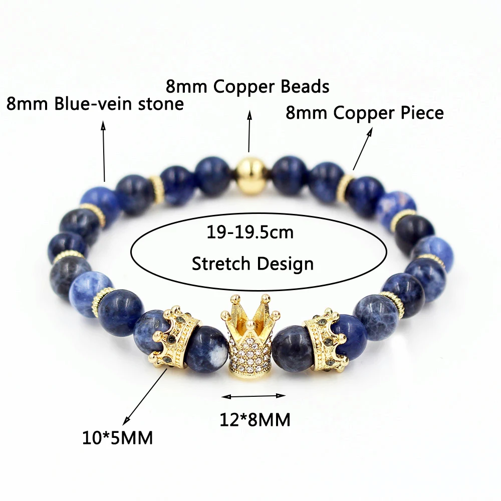 Natural Blue-Vien Stone Beads Bracelet Men's Micro Pave CZ King Rown Charm Mala Bead Rock Bracelets For Women Pulseira Masculina |