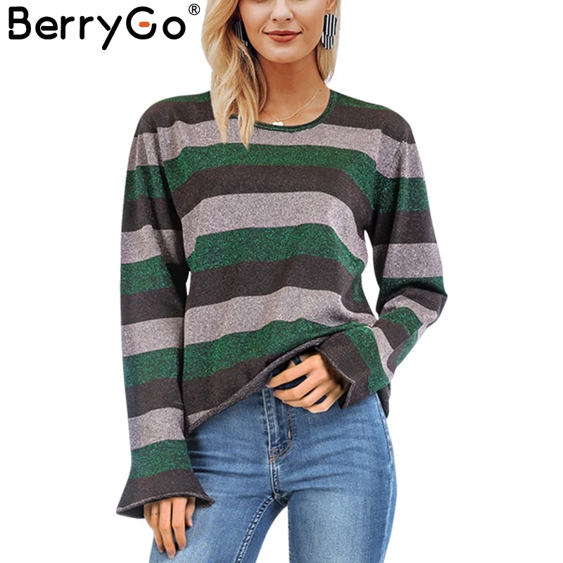 BerryGo Striped o neck bright silk sweater women winter 2018 Christmas long sleeve pullover sweaters female casual jumpers pull | Женская