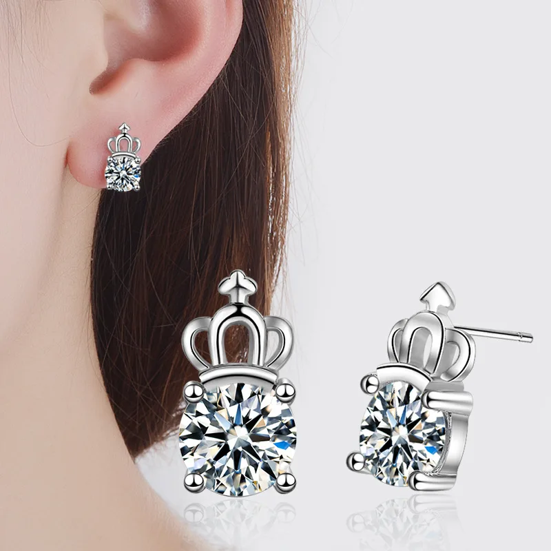 

New arrival fashion crown shiny crystal 925 sterling silver ladies stud earrings jewelry for women Anti allergy drop shipping