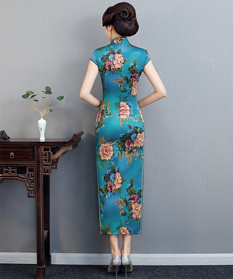 

2019 Long Cheongsam Fashion Chinese style Short Sleeve Dress Womens Rayon Qipao Slim Party Dresses Summer Lady Vestido S-5XL