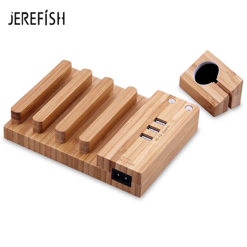 JEREFISH деревянная usb зарядная станция зарядное устройство док-станция держатель для Apple Watch iPhone 6 7 планшет телефон гнездо крепление Многофункциональный