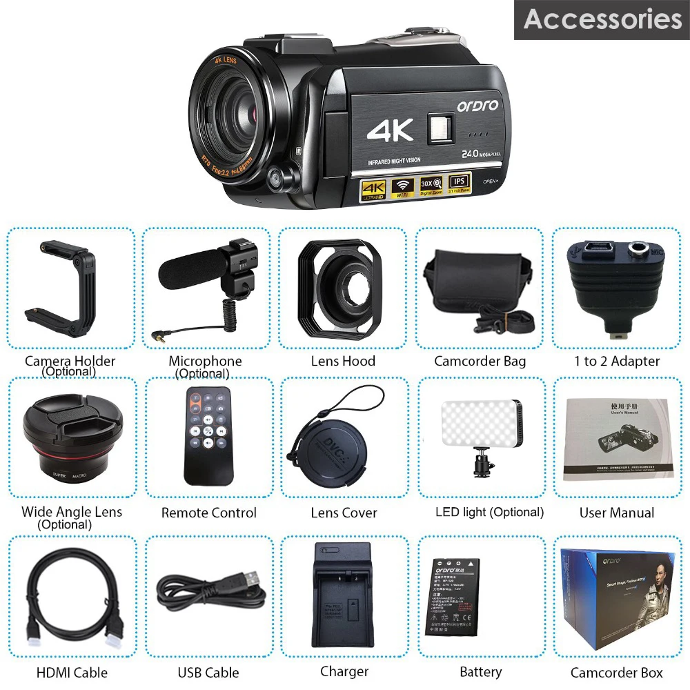 ORDRO HDR-AC3 UHD 4K цифровые видеокамеры FHD 1080P 24MP WiFi 3," сенсорный экран 30x зум Мини видеокамеры DV Cam цифровые камеры