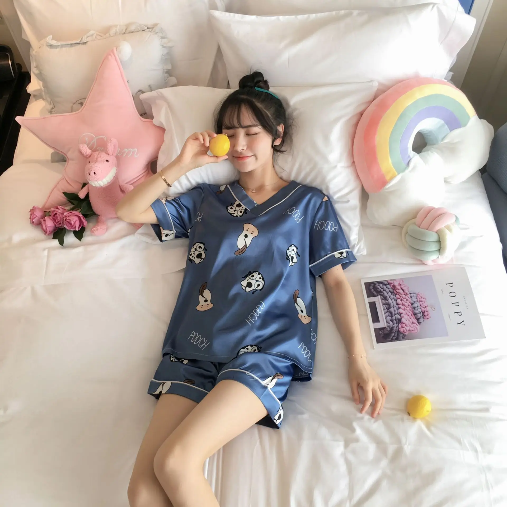 Pajama girls summer ice silk short sleeves two pieces of suit Korean fresh sweet lovely students thin silk home clothes