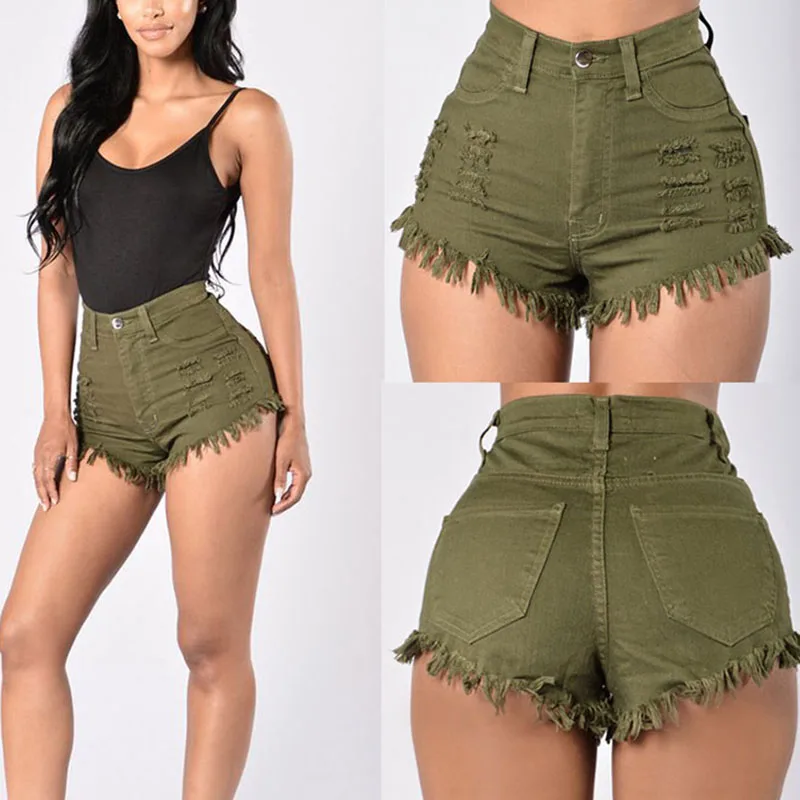 Army Green BBYES летние женские шорты с кисточками, рваные эластичные джинсовые шорты с высокой талией, сексуальные одноцветные джинсы, женские повседневные шорты женские джинсы - Цвет: Army Green