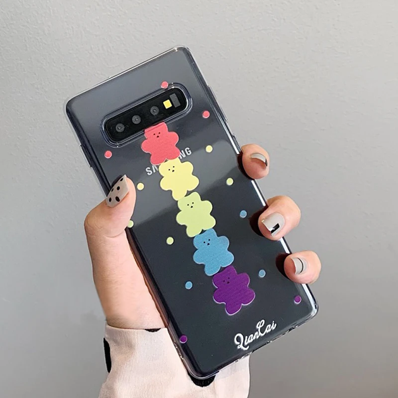 YHBBCASES Cartoon Rainbow Bear Clear Soft Case For Samsung Galaxy S10 Plus S8 S9 Candy Color Phone Cover Note 8 9 |