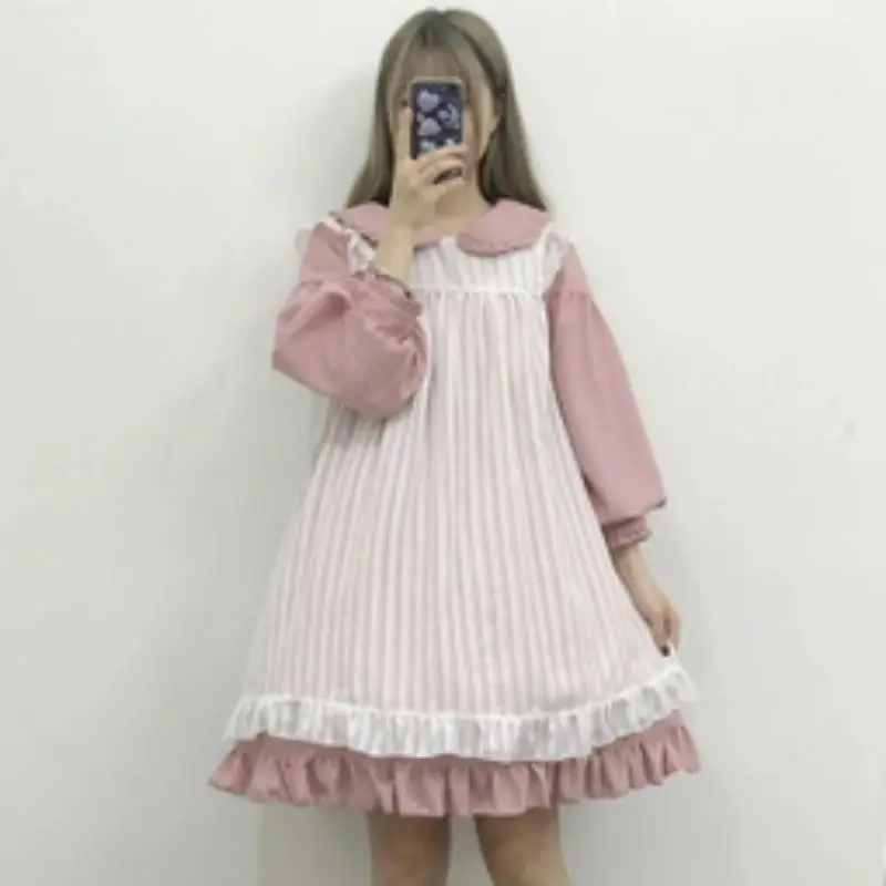 Женское платье в японском стиле Kawaii в стиле Лолиты; однотонные розовые и синие платья; милая втулка в стиле Лолиты для девочек; воротник-кукла с фартуком; юбка дворец