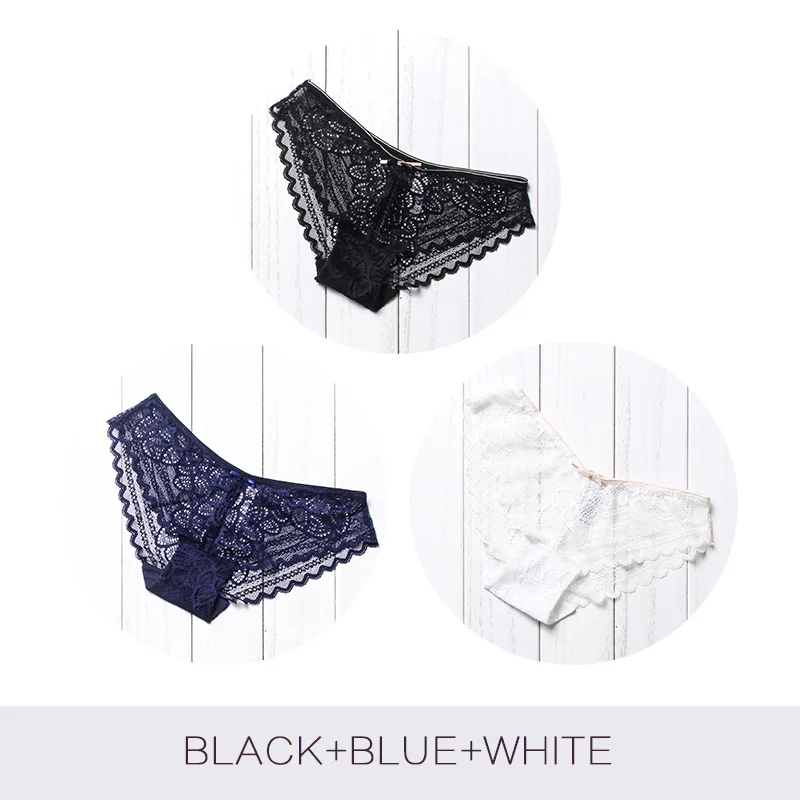 BlackBlueWhite Бесшовные кружевные трусики, сексуальное женское нижнее белье, хлопковые прозрачные трусы для девушек, женские трусики бикини, хипстер DULASI, 3 шт - Цвет: BlackBlueWhite